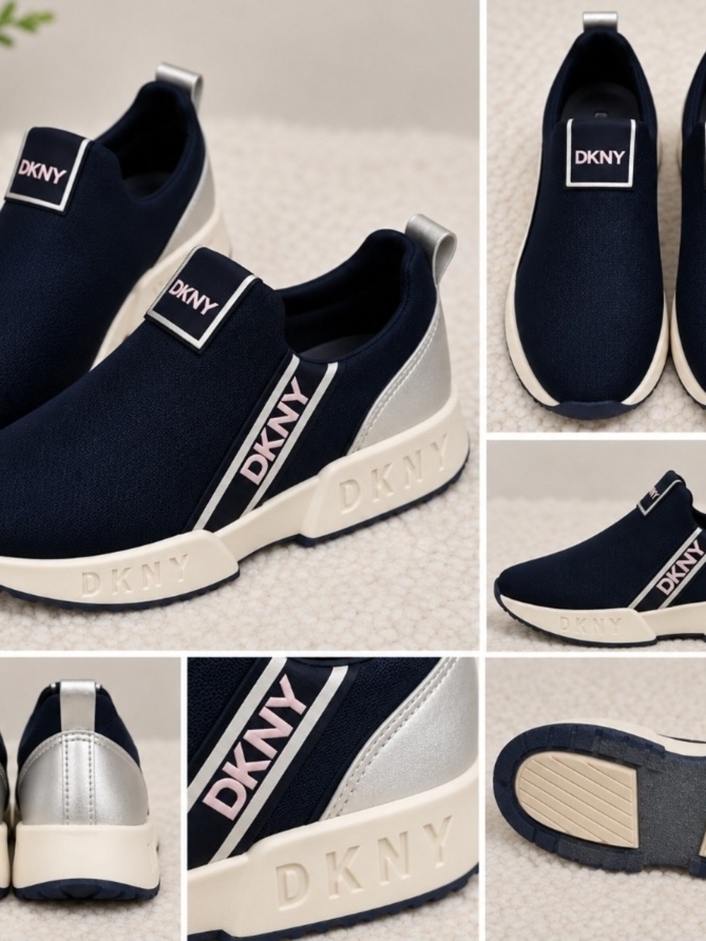 DKNY Girls Navy Slip-On Sneakers Pink Logo Silver Accent